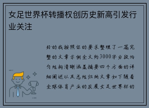 女足世界杯转播权创历史新高引发行业关注