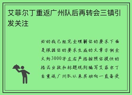 艾菲尔丁重返广州队后再转会三镇引发关注 艾菲尔丁重返广州队后再转会三镇引发关注